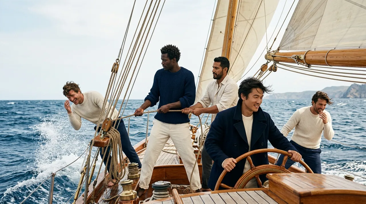 Five men crew a classic sailing yacht heeled over in the spray, one of them at the wheel.