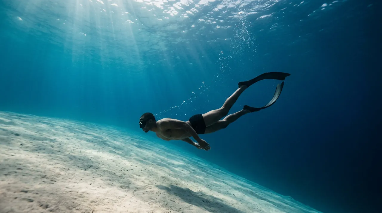 A freediver glides over white sand through clear blue water, sunlight streaming down from the surface.