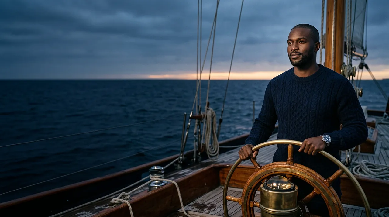 A man in a navy cable-knit sweater at the wooden wheel of a sailing yacht, dusk over open water.