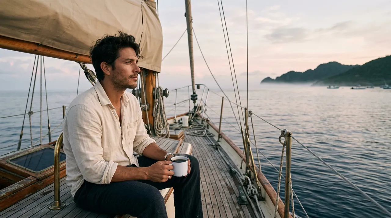 A man in a linen shirt sits on the foredeck with a tin mug of coffee in early morning light.