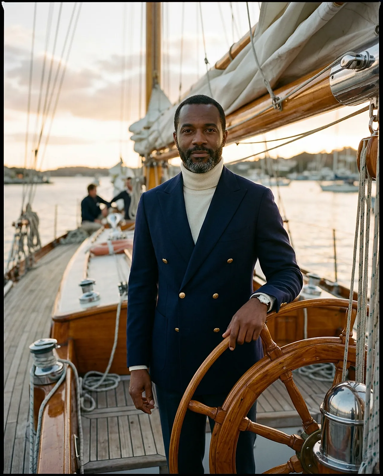 A man in a double-breasted navy blazer and white roll-neck at the wheel of a yacht in harbor.