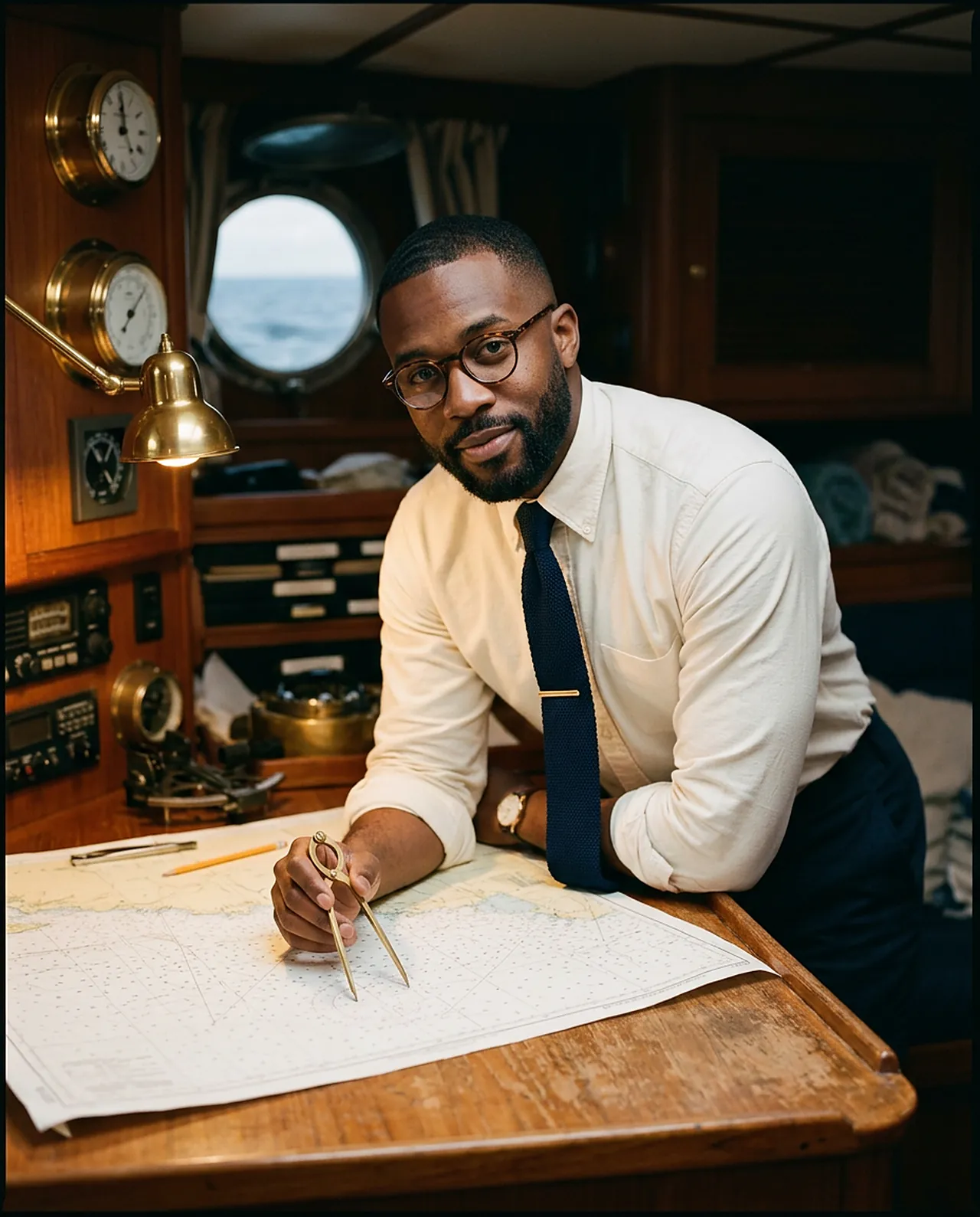 A man in a white shirt and navy tie plots a course with dividers at a chart table.