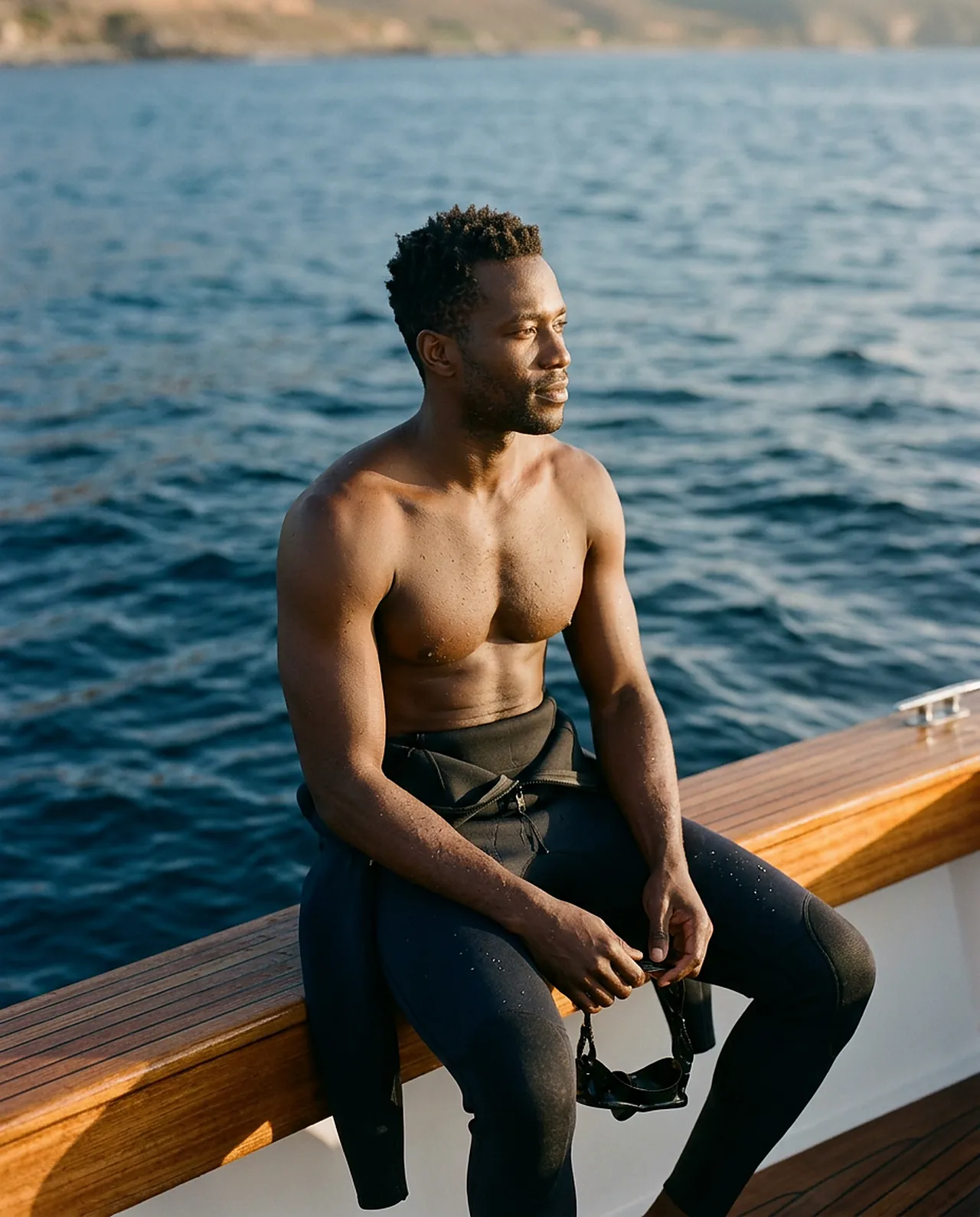 A man in a half-peeled wetsuit sits on a yacht's rail after a dive, the open sea behind him.