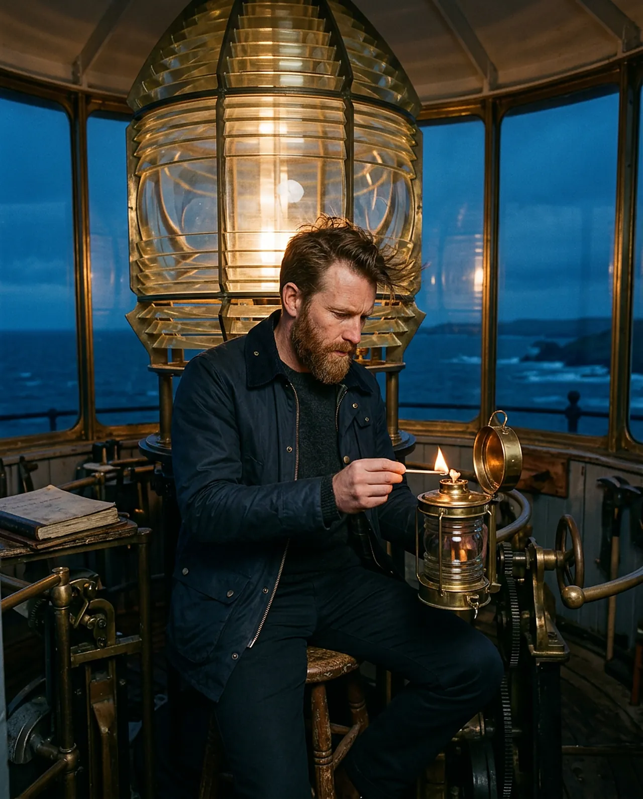 A bearded man lights a brass lantern in a lighthouse lamp room, the great lens above him.