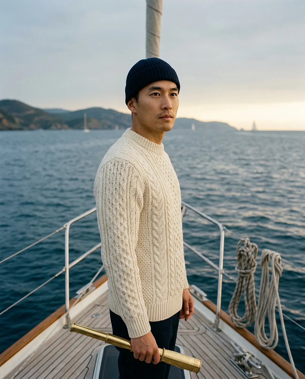 A man in a cream fisherman's sweater and navy watch cap holds a brass telescope on deck.