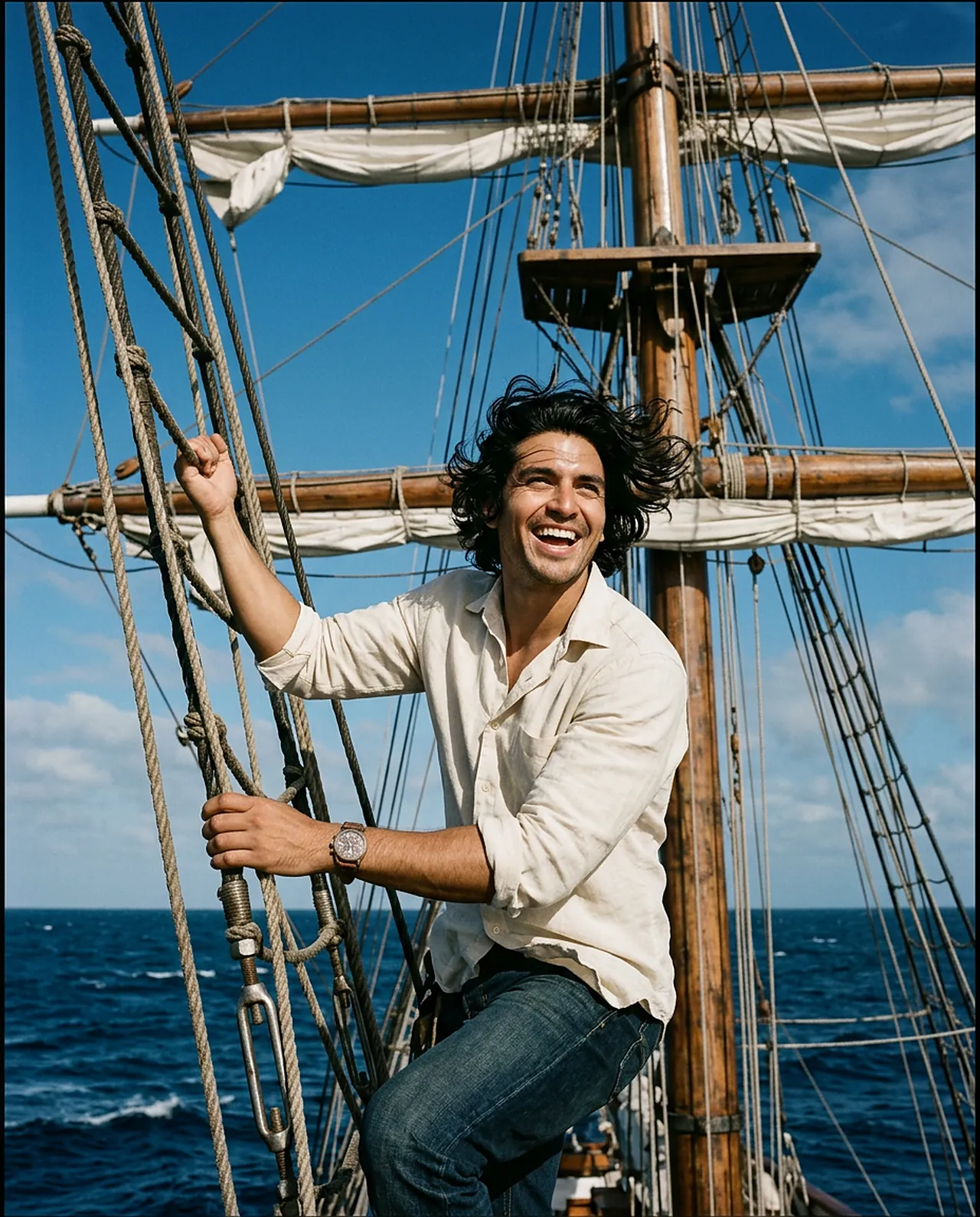 A laughing man in a white shirt climbs the rigging of a tall ship's mast high above the sea.