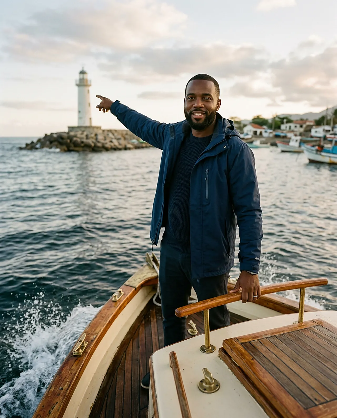 A man in a navy jacket points toward a lighthouse from the bow of a launch.