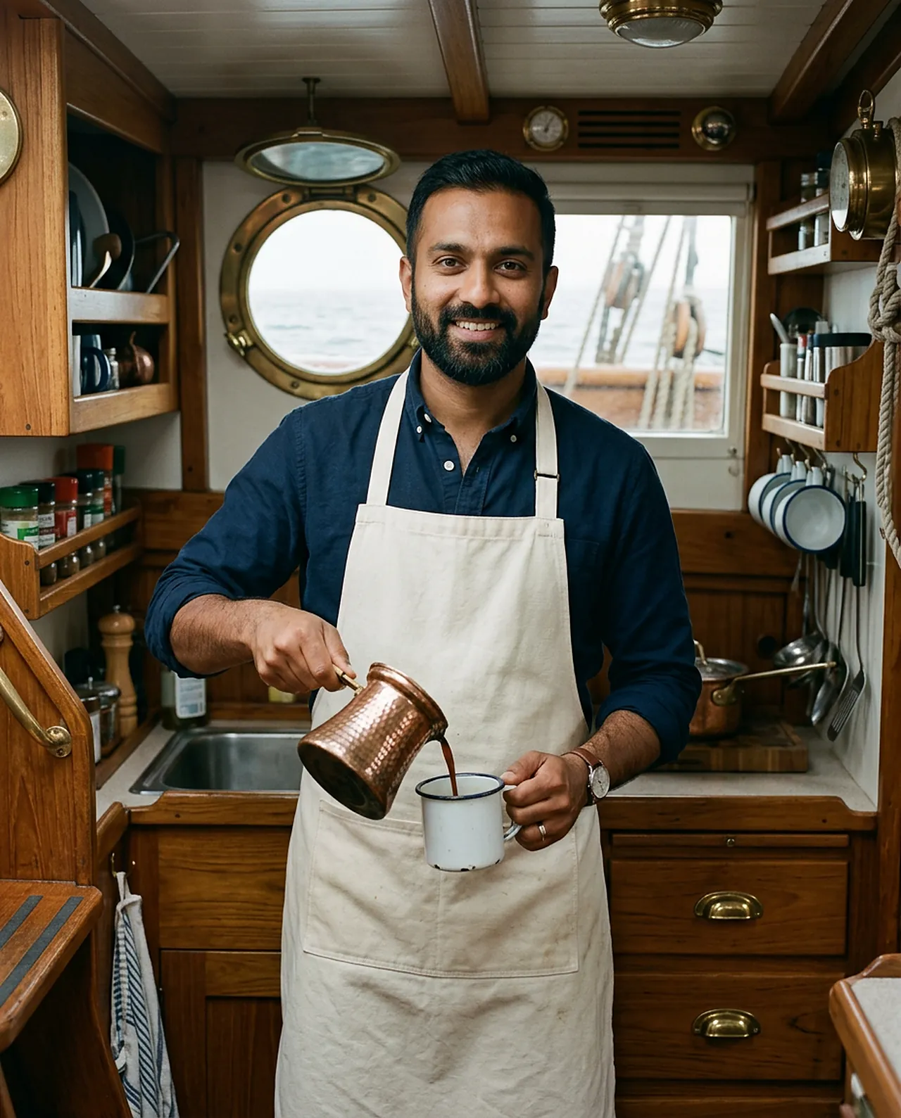 A man in a canvas apron pours coffee from a copper pot into an enamel mug in a ship's galley.