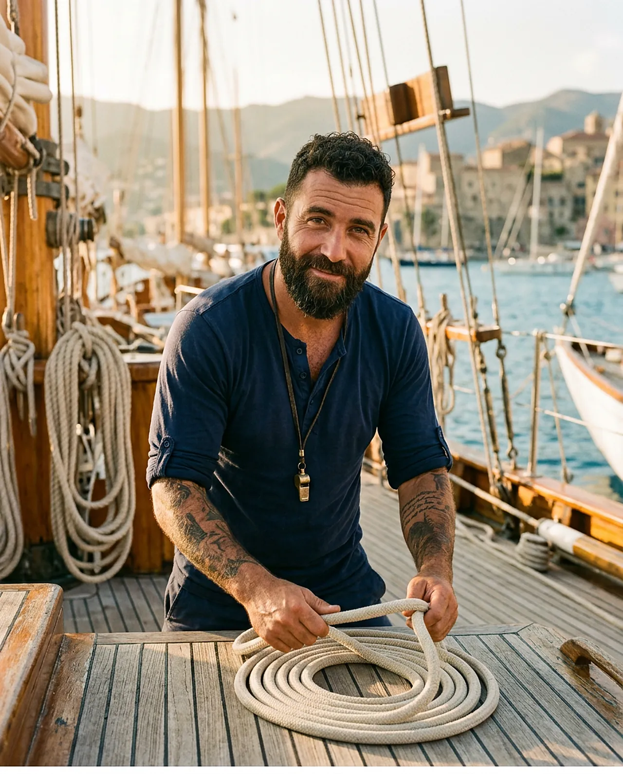 A bearded man in a navy henley coils a white line on a teak deck in a sunlit harbor.
