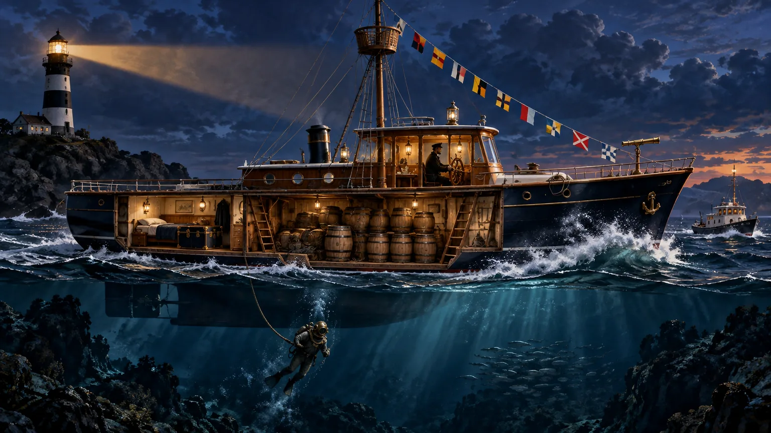 An illustrated cutaway of a ship at night: lit cabins aboard, signal flags aloft and a diver in the deep below.